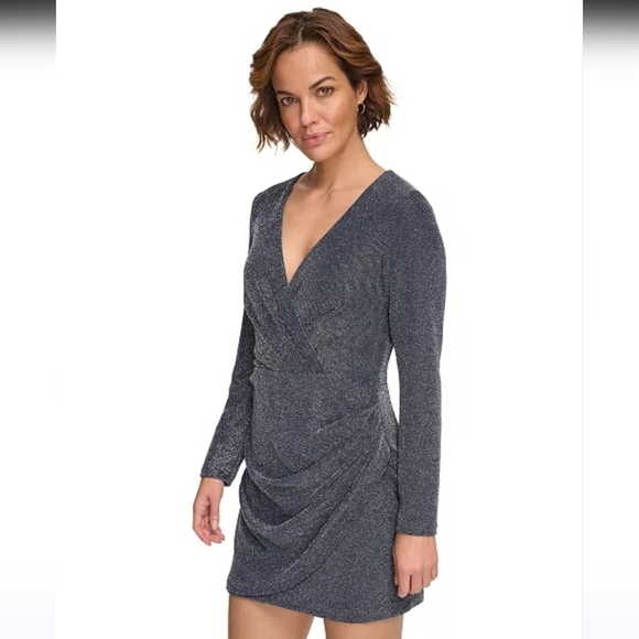 NWT DKNY Metallic Knit Surplice Mini Dress Navy/Silver Size 6 - Picture 4 of 15